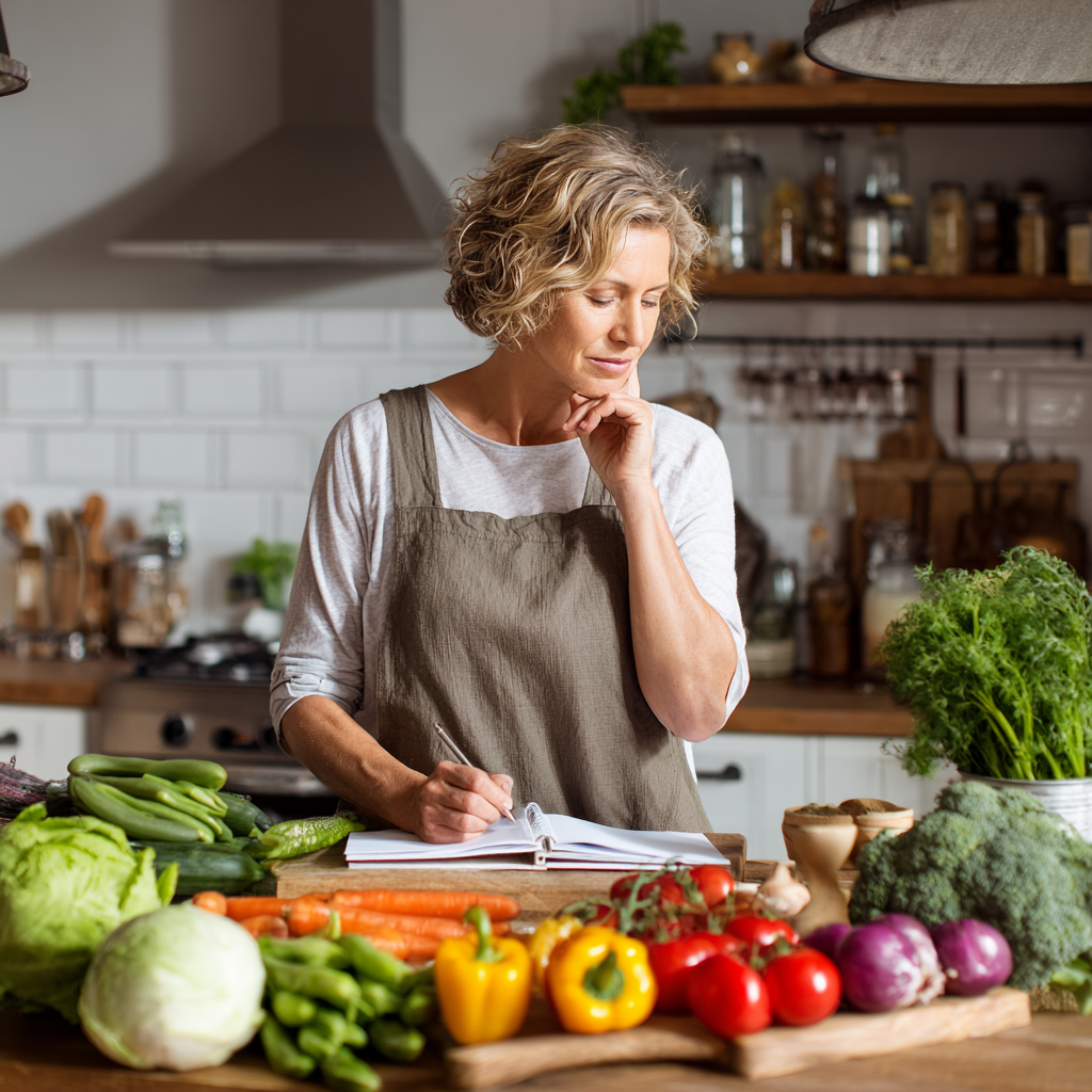 Middle-aged woman planning balanced weekly meals with fresh vegetables and nutritious ingredients on kitchen counter