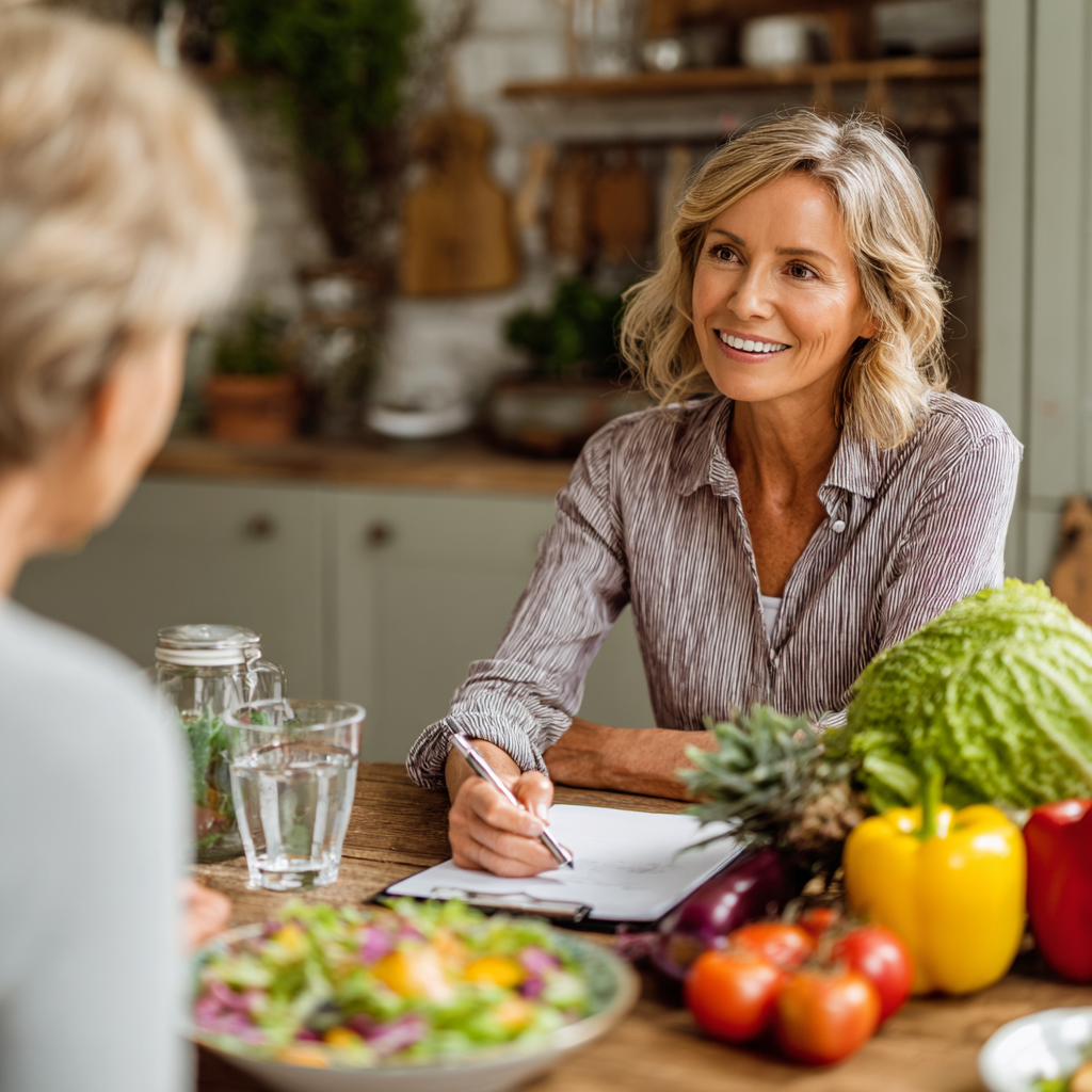 Professional nutritionist consulting with mature adult client about personalized meal planning strategies
